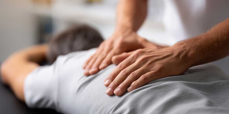 A chiropractor gently demonstrates a spinal assessment with a relaxed adult patient on an exam table.